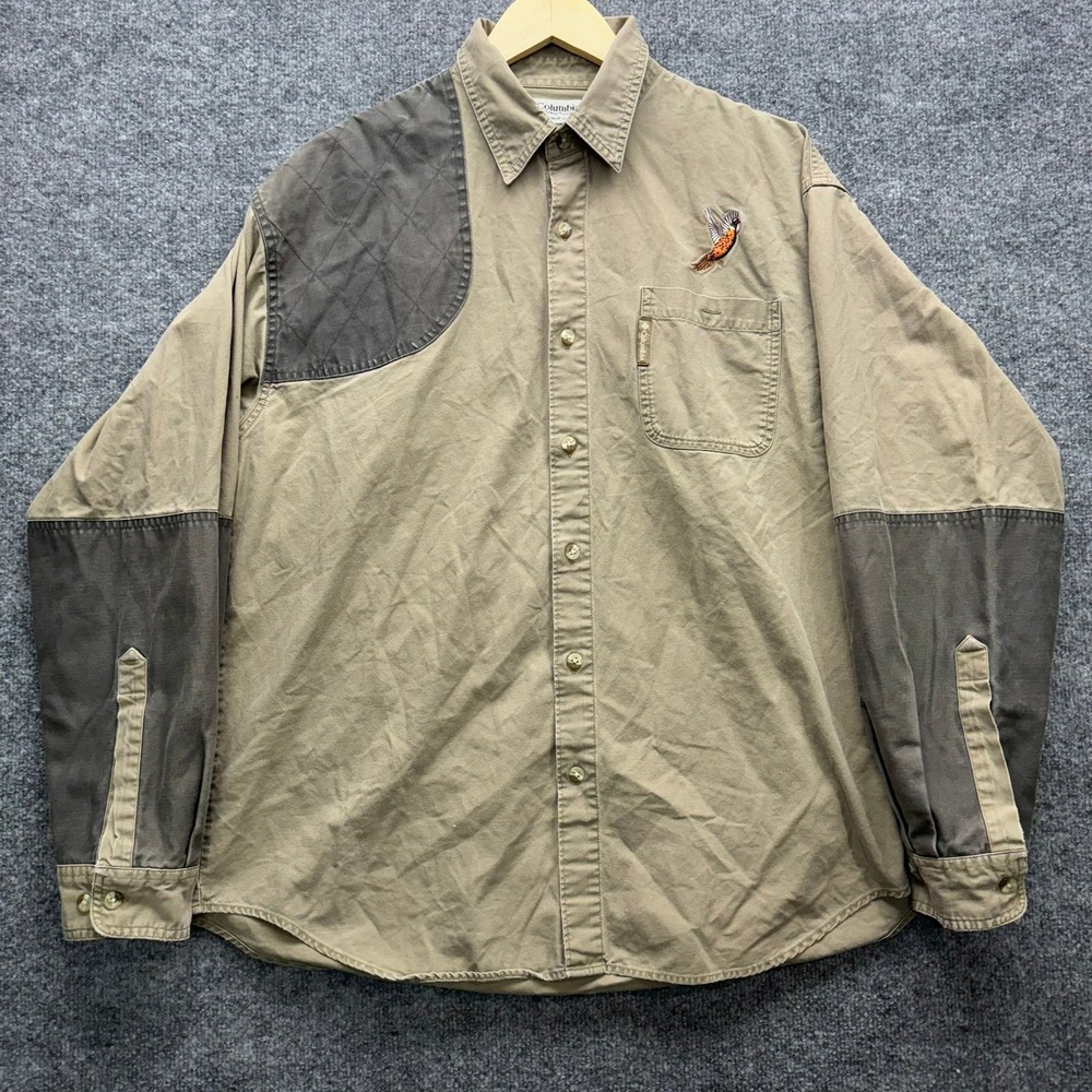 Columbia Shirt Men's Size L Tan Long Sleeve Button-Up Shooting Patches Pheasant